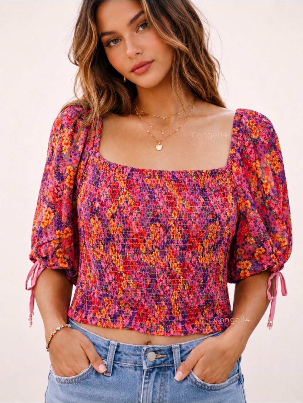 Free People Back On Top Smocked Floral Crop Top Puff Sleeve NWT L